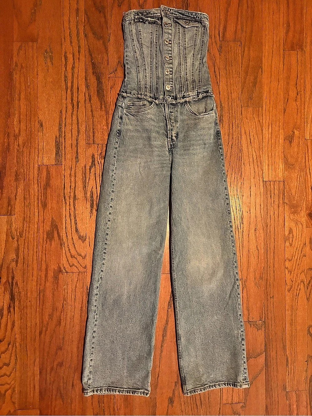 Zara Strapless Bustier Denim Jumpsuit XS